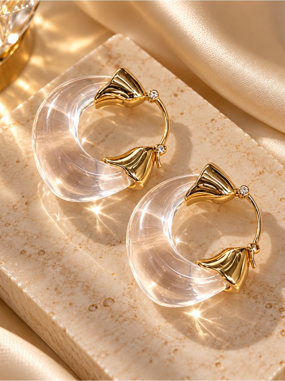 Gold Tone Clear Statement Hoop Earrings Modern Lucite Drop Earrings